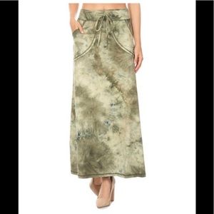 Olive Green Tie Dye High-Rise Maxi Skirt